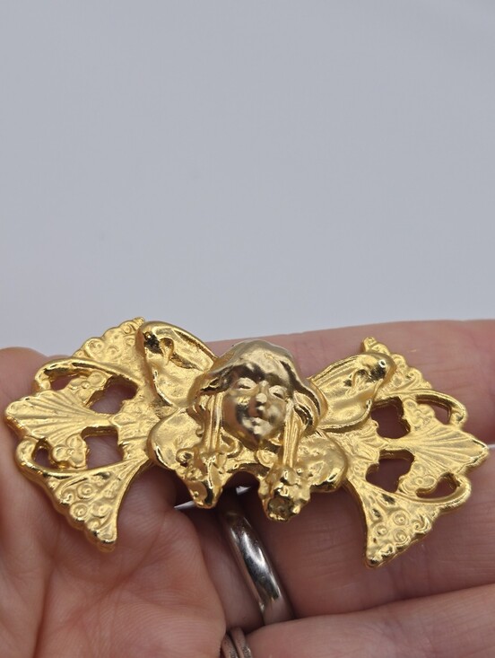 Vintage Jewelry - Art Nouveau Revival Gold Fairy Maiden Butterfly Brooch Pin Angle Woman Ethereal
